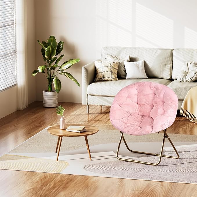 HealSmart Saucer Chair Comfy Faux Fur Folding Moon Chair with Metal Frame Cozy Round Chair Lounge Lazy Chair for Living Room Bedroom Adults Kids Teens Pink
