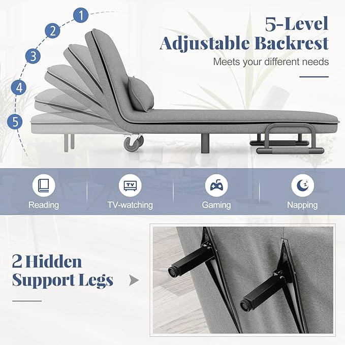 Giantex Convertible Sofa Bed 3-in-1 Folding Sleeper Chair with 5-Position Adjustable Backrest Wheels 2 Legs Recliner Chaise Lounge with Pillow Armchairs for Nursery Living Room (Light Gray)