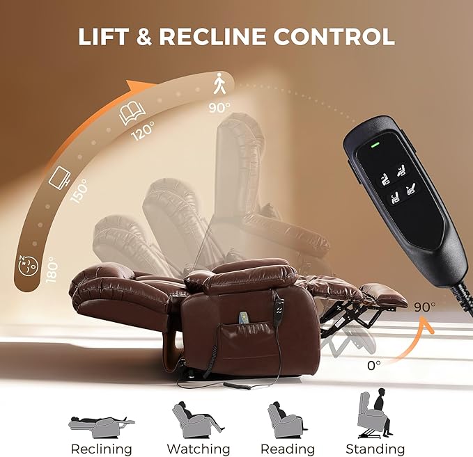 Power Lift Recliner Chair with 8-Point Massage &amp Heat Dual Remote USB/Type-C Ports Easy-Clean Leather Width 19.7 (Leather Brown)