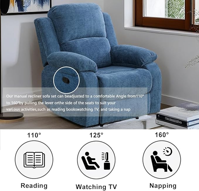 Fabric Recliner Chair Contempary Manual Motion Reclining Chair Living Room Furniture Microfiber Single Recliner with Overstuffed Arm &amp Back for Living Room/Bedroom/Office/Rv Car (Blue Chair)
