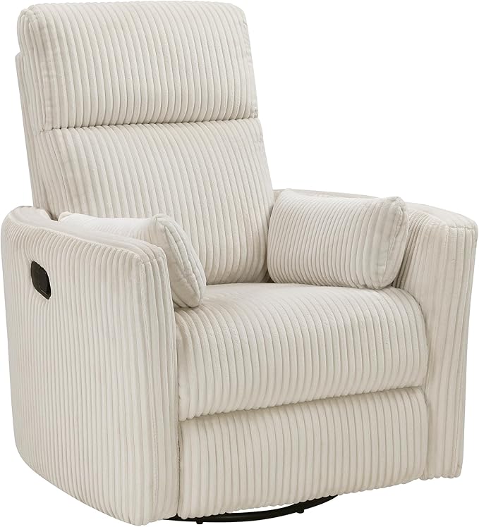 Lexicon Modern Swivel Glider Recliner Chair Nursery Glider Corduroy Fabric Upholstery Recliner with 2 Lumbar Pillows Manual Reclining Sofa Chair for Living Room/Office/Apartment Beige
