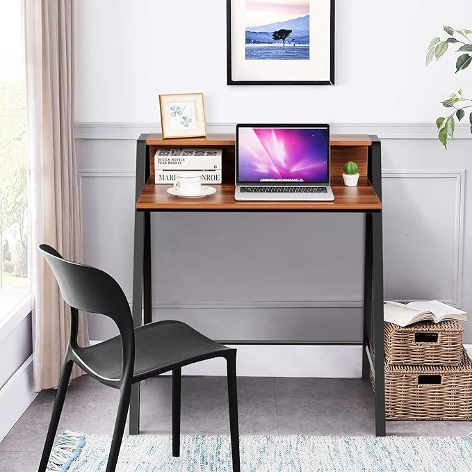 Tangkula Small Computer Desk Compact Home Office Desk with Sturdy Frame 2 Tier Study Writing Table for Small Place Apartment Office Desk for Bedroom Kid’s Desk
