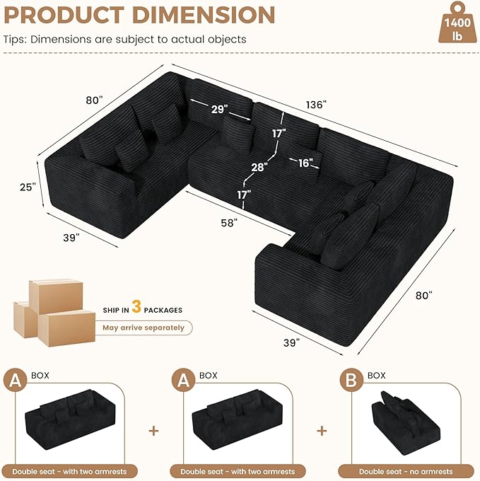 136'' Large Sectional Cloud Couches with Chaise U Shaped Boneless Loveseat Sofa No Assembly Required Deep Seat Modular Lounge for Living Room 3PCS Set Bedroom(Black)