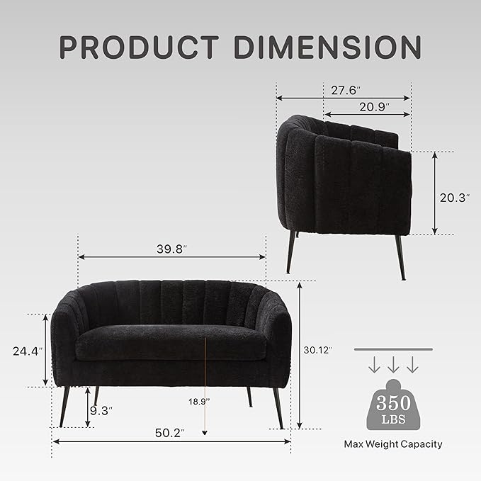 50.2'' Loveseat Sofa Modern Sherpa Boucle 2-Seater Sofa with Metal Legs Comfy Upholstered Small Accent Couch for Living Room Bedroom Office (Black).
