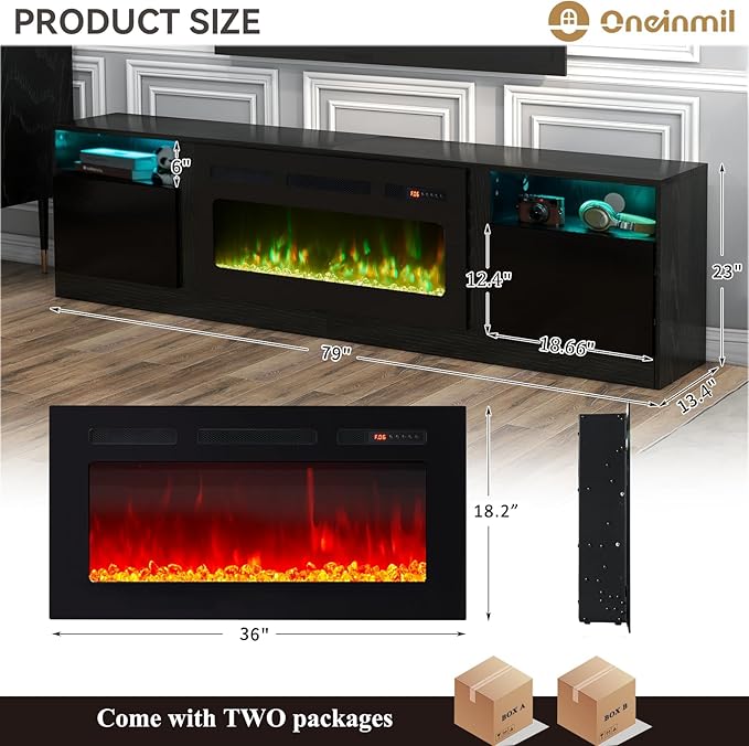 oneinmil 80” TV Stand with 36” Electric Fireplace Large Modern Media Entertainment Center with Storage Cabinet and 12 Colors LED Lights for TVs Up to 90 Black+Black