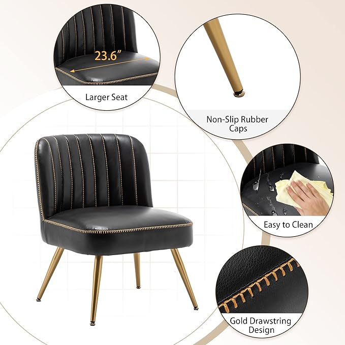 Aklaus Accent Chairs Set of 2 for Living Room Bedroom.Upholstered Reading Chair Faux Leather Modern Corner Chair Armless Chair with Larger Seat Comfy Side Chairs for Office Waiting Room Black