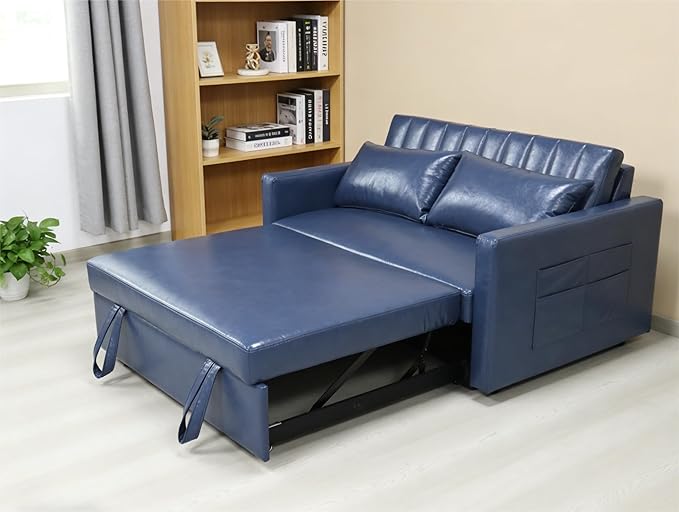 55'' Leather Sofa Bed Pull Out Sleeper Sofa Couch Bed Loveseat Sleeper Futon Sofa Couch with Side Pocket Convertible Sofa Bed for Living Room Apartment Bedroom RV Blue