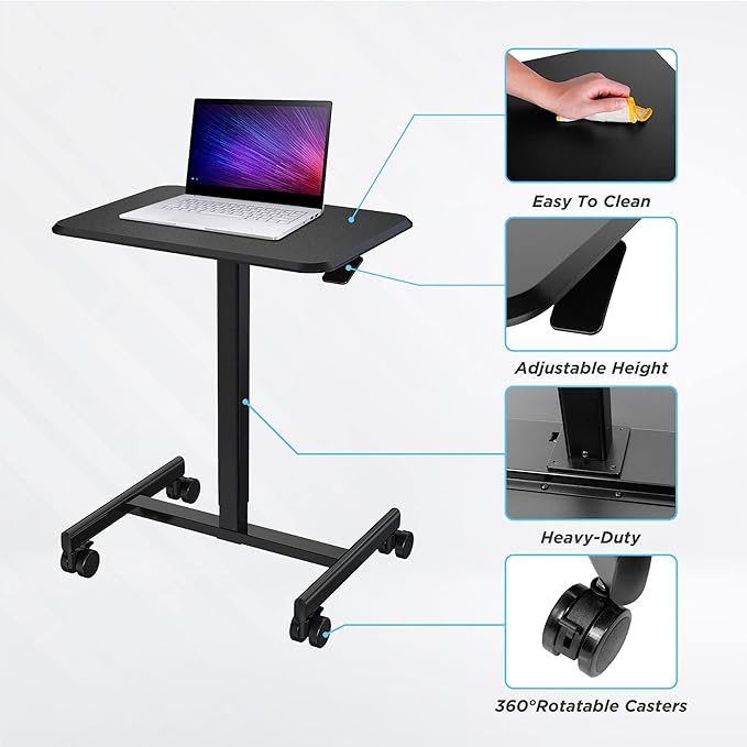 Generic Mobile Laptop Computer Desk Height Adjustable from 28.5 to 42.9 Pneumatic Adjustment Height Rolling Desk Mobile Table for Home and Office Black