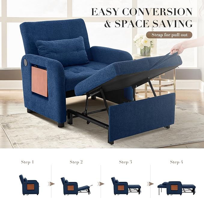 Convertible Sleeper Chair-Fabric Futon Sofa Bed Single Sleeper Sofa Small Couch Bed with USB Port Foldable Table Pillow Adjustable Backrest for Dorm/Bedroom/College DarkBlue