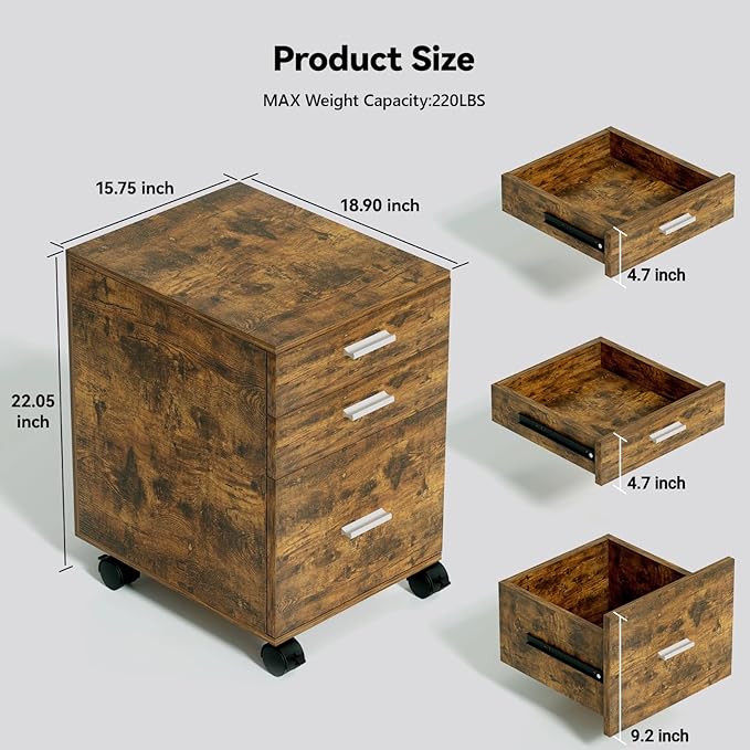 3 Drawer File Cabinet with WheelsPre-Assembled Brown Wood OrganizerFits A4/Letter Size for Home OfficeMobile Printer Stand Storage19 L x 16 W x 22 H