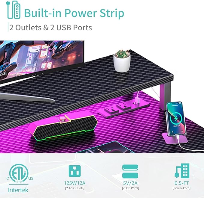 Lufeiya Gaming Desk with Power Outlets and LED Lights 40 Inch Gamer Desk Table with Charging Station Home Office Computer Desks with Monitor Black