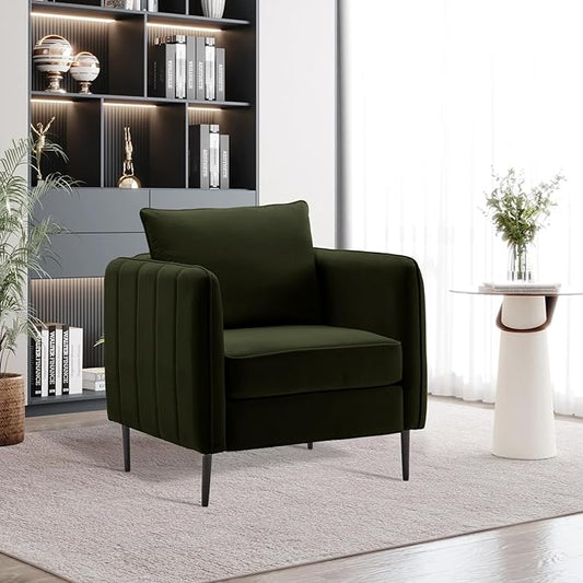 Modern Velvet Accent Chair Single Sofa Chairs Armchair with Square Arm Upholstered Accent Chairs for Living Room Bedroom Apartment (Olive Green Chair)