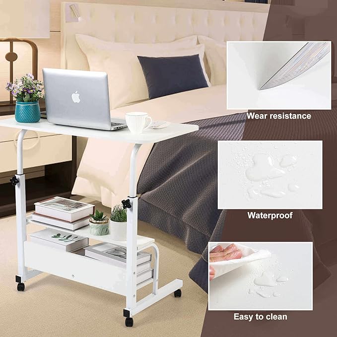 Home Office Desk Movable Bedroom Adjustable Table Modern Laptop Computer for Living Room Couch Portable Small Spaces with Wheels Storage Furniture Study 31.5 * 15.7 White