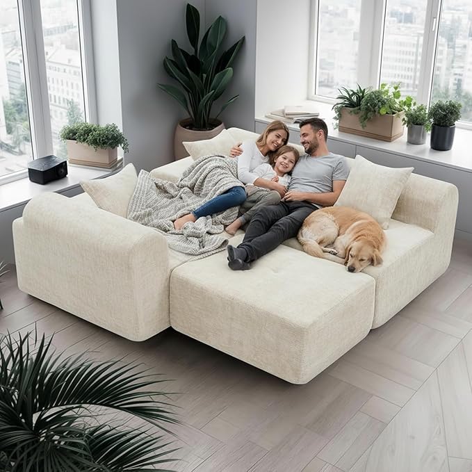 119’’ Modular Compression Sofa L-Shaped Cloud Sectional Couch with Chaise &amp Deep Seating Modern Upholstered Living Room Couch with Removable Pillows Easy Expand Design Beige Chenille Fabric