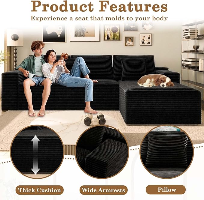 104 Black Boneless Couch with Chaise Sectional Couches for Living Room L Shaped Couch 4 Seat SofaCompression Sofa for Bedroom Comfy No Assembly Corduroy (Black Right)