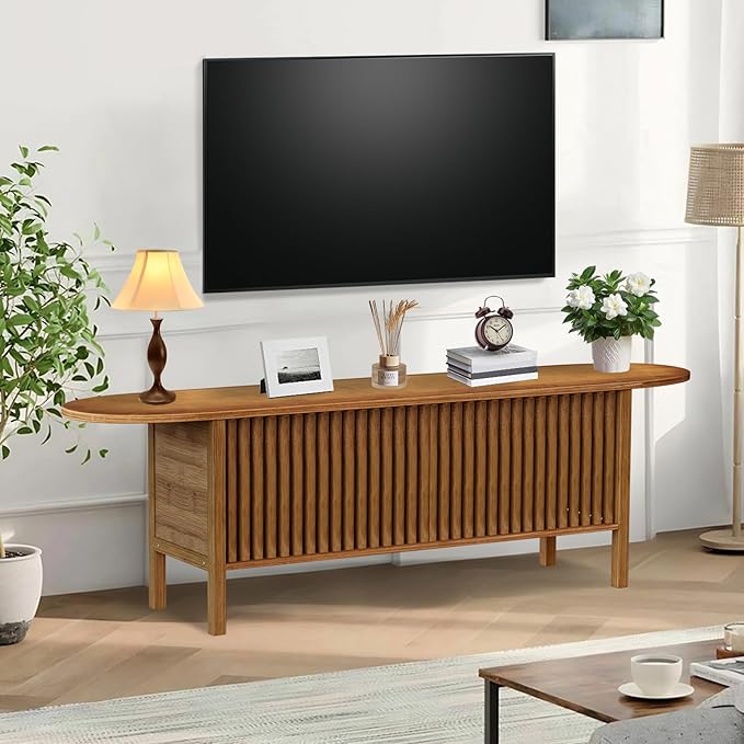 Bamboo TV Stand for TVs up to 65 Accent Entertainment Center with Storage Media Console Table with Fence Door Modern TV Stand for Living Room Bedroom 55(L) Walnut