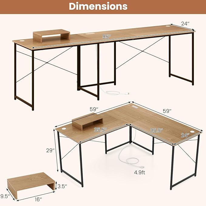 Tangkula L-Shaped Computer Desk with Power Outlets 95” Long 2-Person Desk with Monitor Shelf Modern Corner Desk Gaming Table with USB Ports for Home Office