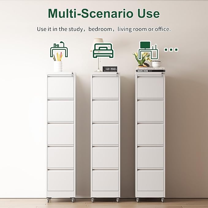 5 Drawer Small File Cabinet with Lock on Wheels Heavy Duty Metal Storage Cabinet Organizer Under Desk Locking Drawers for Home OfficeWhite
