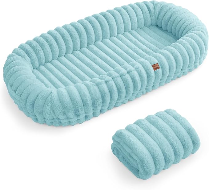 Human Dog Bed for Adult - Luxury Striped Faux Fur Giant Dog Bed with Portable Handle Egg Orthopedic Foam Pad with Thick Blanket 72x40x10 Blue