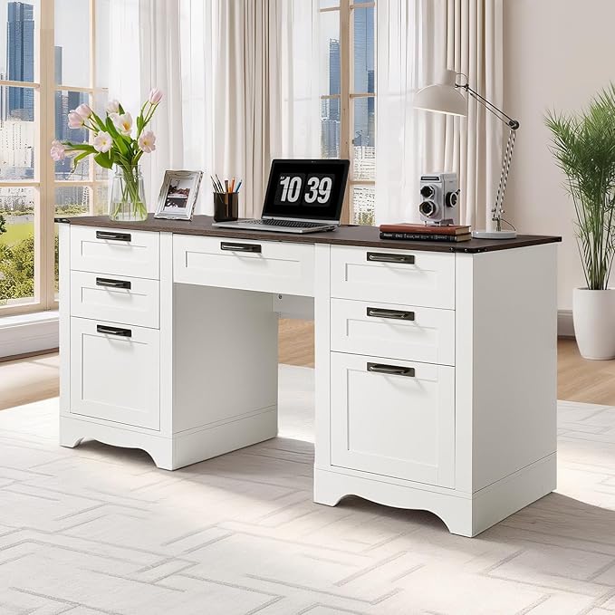 VEVOR 60 Executive Desk with Drawers Farmhouse Home Office Desk with Charge Station Keyboard Tray File Storage Cabinet 200 LBS Load Capacity Wood Table Easy Assembly for Work Study Walnut