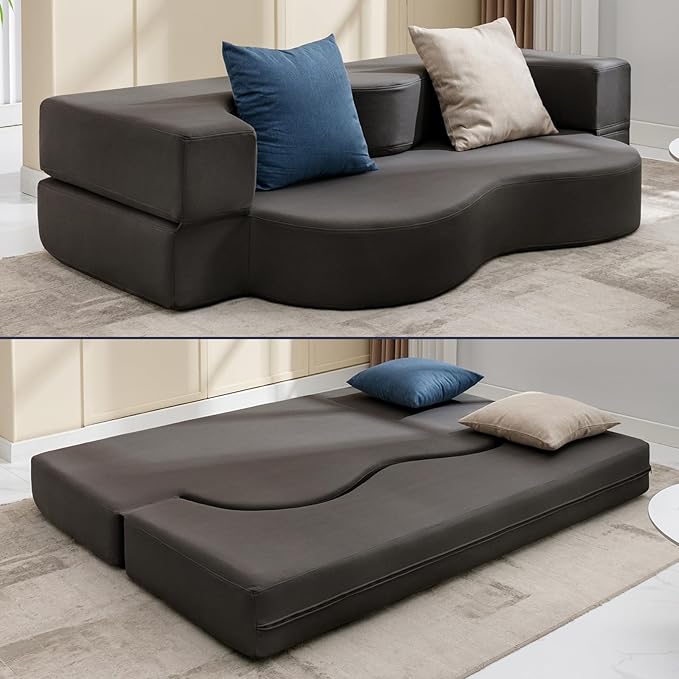 BALUS Futon Sofa Bed Faux Leather Convertible Floor Sofa Bed with Memory Foam Foldable Folding Couch Beds for Living Room Guest Room Apartment Full Size Dark Gray