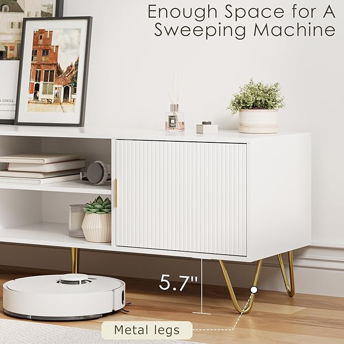 TV Stand for 55-65 Inch TV Entertainment Center with Soft Hinge DoorTV Console Table with 2 Cabinets with Gold Handle and Feetfor Living Room Bedroom White