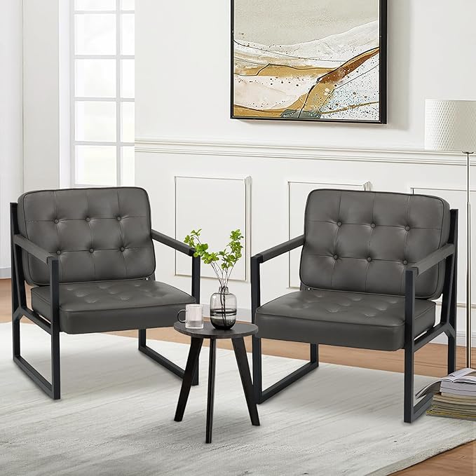 COLAMY Accent Chairs Set of 2 Modern Accent Arm Chairs for Living Room Comfy Leather Armchairs with Metal Legs for Bedroom Reception Room Grey