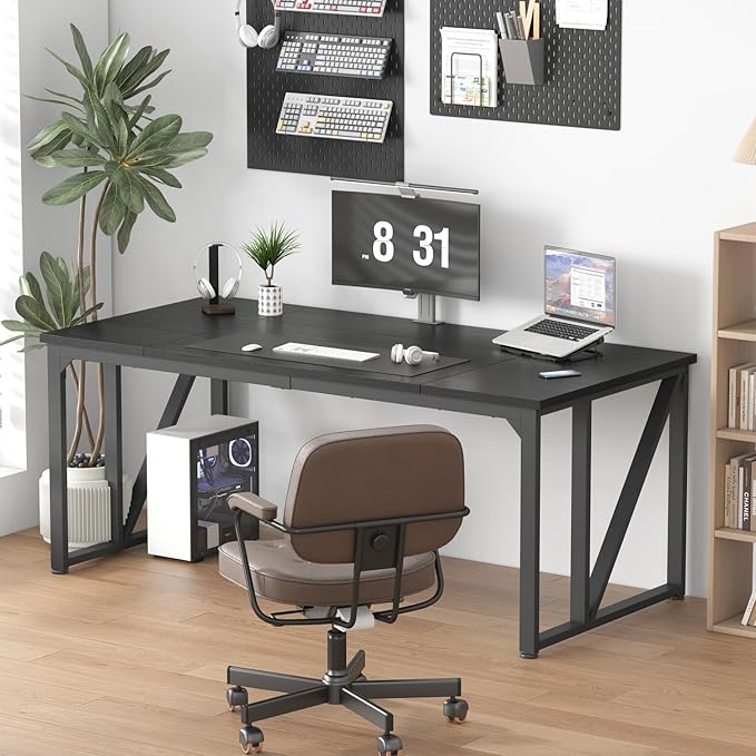 70 Computer Desks Large Wooden Home Office Desk with Thicker Tabletop and Metal Frame Writing Work Computer Study Table Desk for Home and Office Easy Assembly (Black + Black Metal Frame)