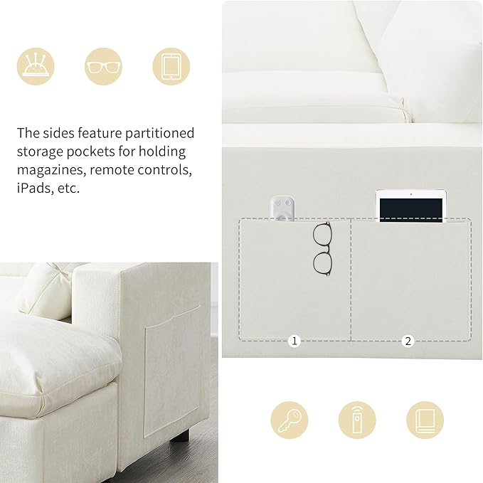 kevinplus 86.5'' Sectional Sofa Couch with Ottoman for Living Room Modern Contemporary 3-Seat Sectional Sofa Couch for Apartment Chenille Fabric Beige