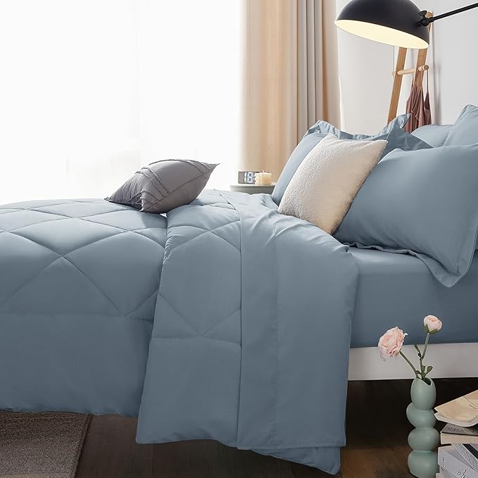 CozyLux Oversized Queen Comforter Set Dusty Blue 7 Pieces Bed in a Bag Comforter Set with Sheets Luxury Bed Set All Seasons Bedding Set with Down Alternative Comforter Sheets Pillowcases &amp Sha