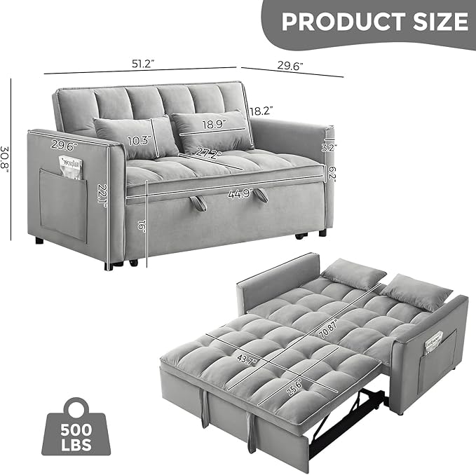 KEIKI 51.2 3-in-1 Convertible Sofa Bed Folding Pull-Out Sleeper Couch with Side Pockets Velvet Fabric Roller Legs Modern Living Room Sofa Light Gray