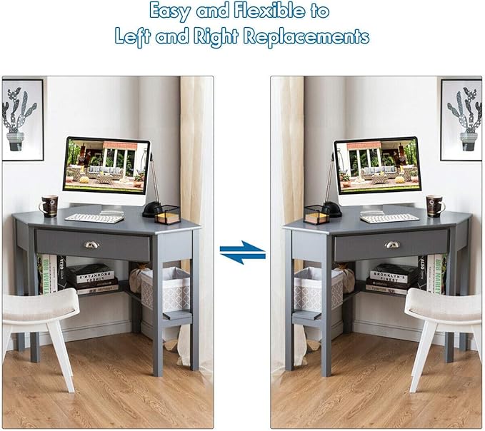 Corner Desk Compact Home Office Corner Desk Organizer90 Degrees Triangle Computer Laptop Writing Table for Small Spaces with Storage Shelf and Drawer (Gray)