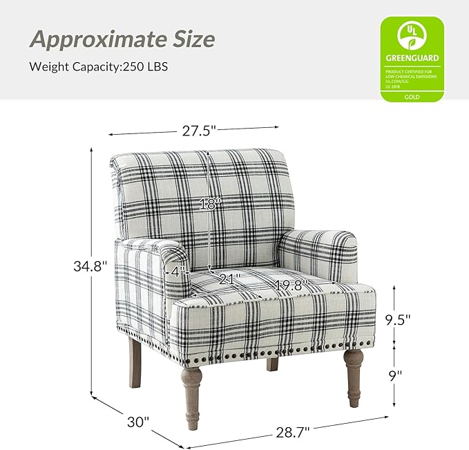 HULALA Home Modern Accent Chair with Retro Wooden Legs &amp Nailhead Trim Comfy Upholstered Armchair Single Sofa for Living Room Bedroom (Plaid Black)