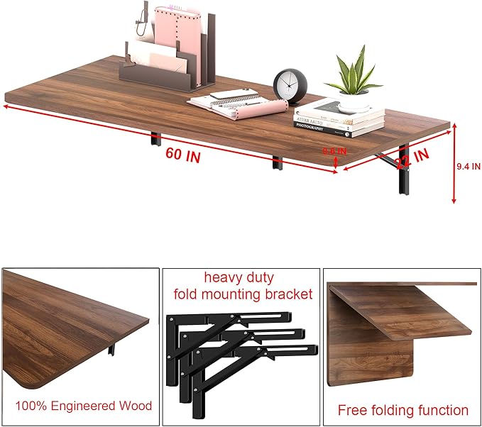 IAE 60 x 22 Floating Foldable DeskWall-Mounted Folding Computer Table with Engineered WoodStudy Table with Shelf BracketsFold Down ShelfFold Computer Desk for Small ApartmentHolds 500 lbBrown