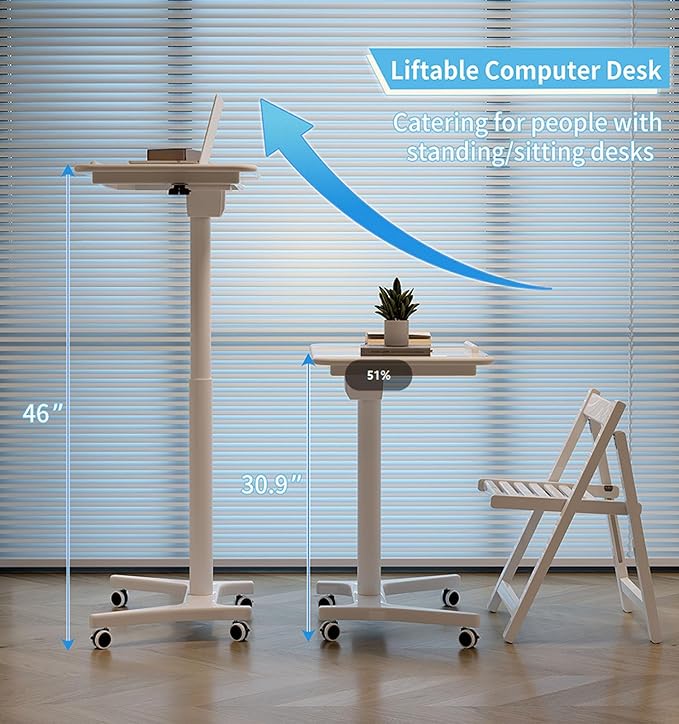 Soild Wood Mobile Folding Standing DeskHeight Adjustable Rolling Laptop TableSpace-Saving Portable Sit-Stand Desk 90° Tiltable Desktop PC Table with Wheels Home Office and Bedroom