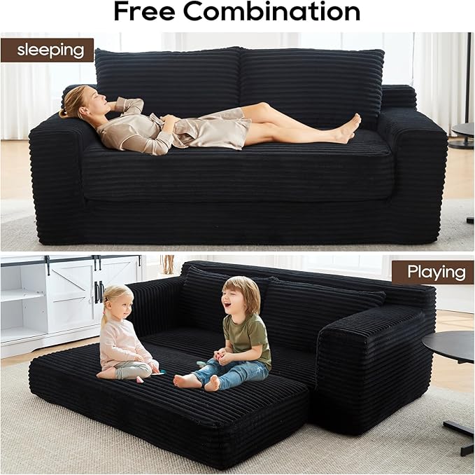 70.87 W Memory Foam Cloud Loveseat Sofa 2 in 1 Convertible Folding Couch Bed No Assembly Compressed Corduroy Floor Lounge Sofa for Apartment Office Bedroom Living Room Small Spaces