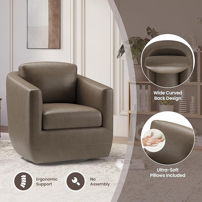 COLAMY 360° Swivel Accent Chair with Pillow Leather Living Room Armchair No-Sag Foam &amp Sturdy Metal Base Fully Assembled Swivel Accent Single Sofa for Bedroom Living Room Reading Room Wolf Gre