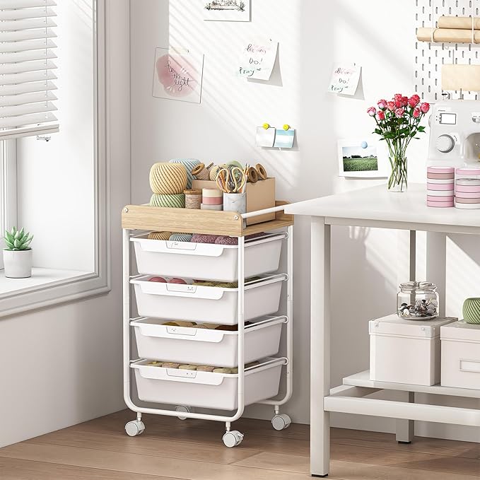Rolling Storage Utility Cart with 4 DrawersKids Craft Art CartMakeup Organizer and Storage with Wooden TabletopWhite