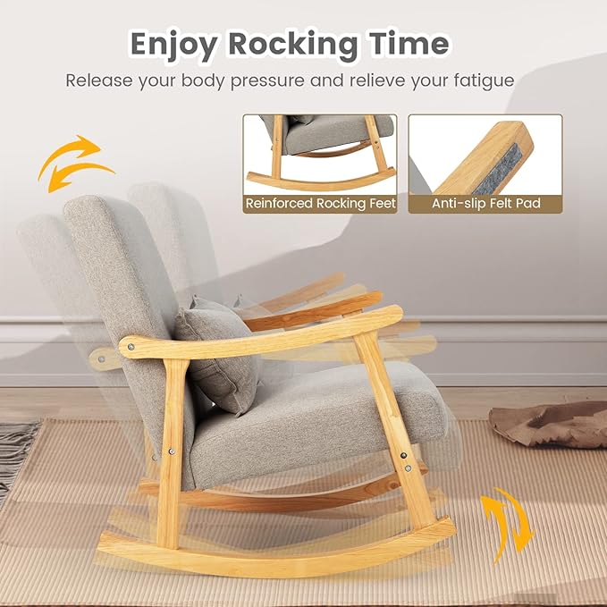 Giantex Upholstered Rocking Chair - Modern Rocker with Rubber Wood Frame Comfy Backrest &amp Seat PP Padded Pillow Single Rocking Chair for Living Room Nursery Bedroom Lounge Office Grey