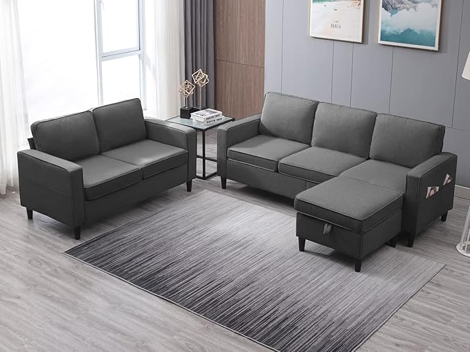 PUREMIND 2 Piece Living Room Sofa Sets Modern 3 Seater Sofa and Loveseat Set for Living Room Linen Fabric L Shaped Sectional Couch with Ottoman + 2-Seat Couch Sets for Livingroom Apartment