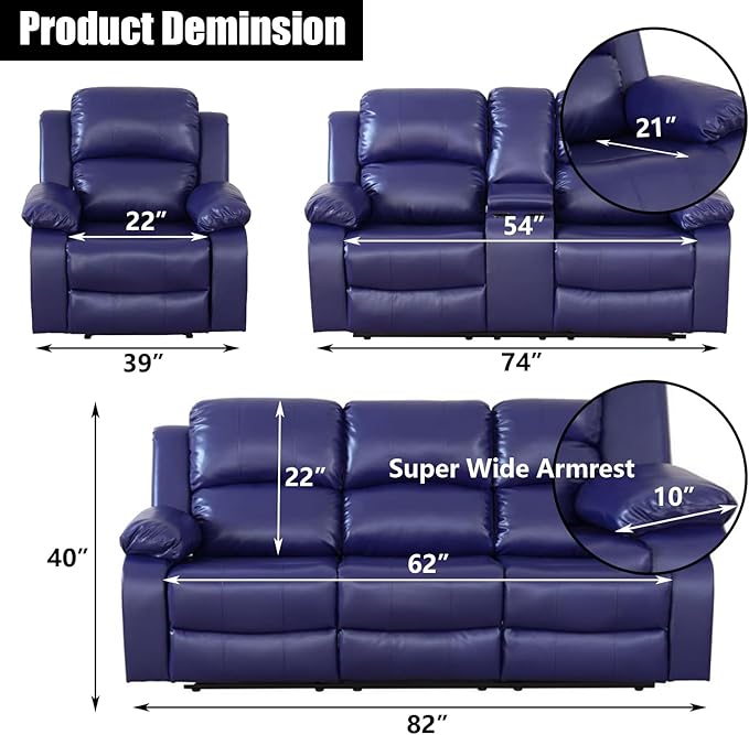 Manual Leather Recliner Chair Sofa for Adults 35 Inch Single Reclining Sofa CouchLeather Couch for Living Room/Lounge/Club/Apartment(BlueChair)
