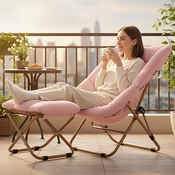 Tiita Folded Chair with Straight Ottoman Soft Faux Fur Oversized Folding Accent ChairLazy Chair Metal Frame Moon Chair for Bedroom Living Room Dorm Rooms Garden and Courtyard Pink