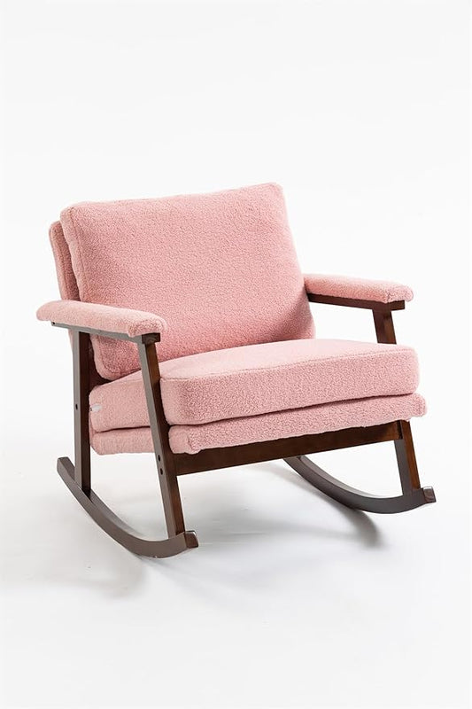 ZeHuoGe Mid Century Modern Accent Chair Rocking Chair with Wood Frame Upholstered Living Room Chairs Reading Armchair for Bedroom Sunroom (Light Pink)