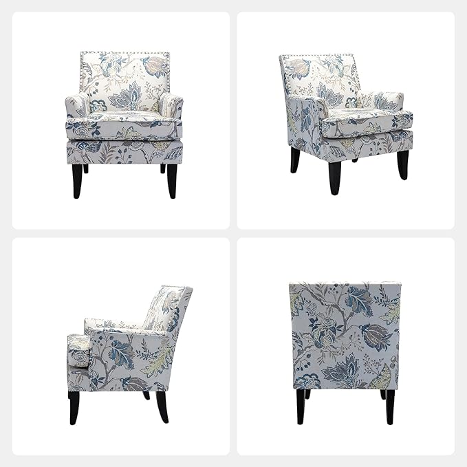 HULALA HOME Modern Accent Chair for Living Room Upholstered Fabric Single Sofa Chair Wingback Armchair with Wooden Legs for Bedroom Office Reading or Waiting Room Blue Yellow Floral