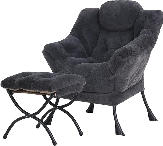 Lazy Chair with Ottoman Modern Accent Chair Lounge Leisure Sofa Chair with Armrests Reading Chair and Folding Footstool for Living Room Bedroom Office Plush Navy