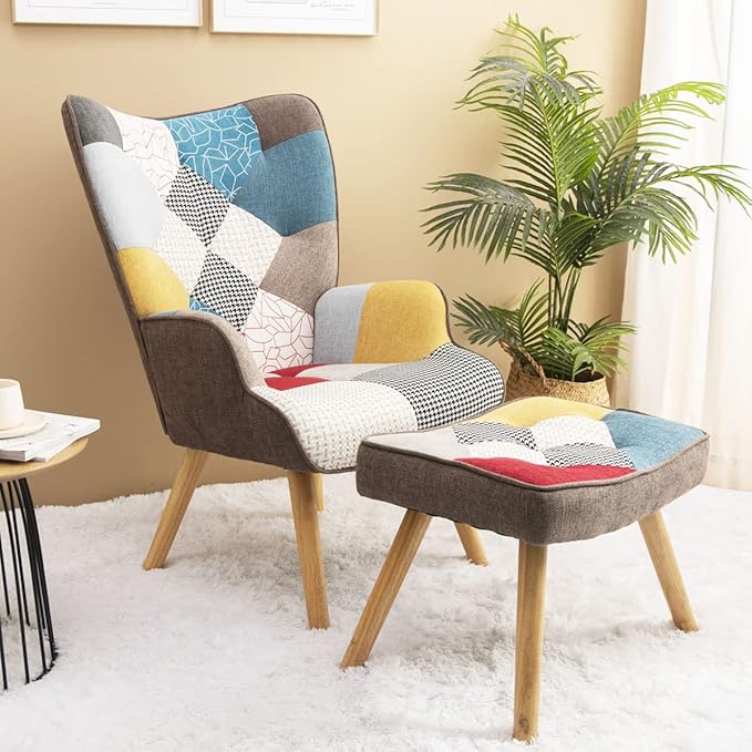 Accent Chair with Ottoman Living Room Chair and Ottoman Set Comfy Side Armchair for Bedroom Creative Splicing Cloth Surface