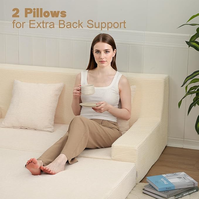 MeMoreCool Boneless Folding Queen Sofa Bed – Corduroy Convertible Futon Sleeper Couch with Foam Core &amp Pillow Washable Cover Space-Saving Floor Sofa for Living Room Guest Bedroom Apartment