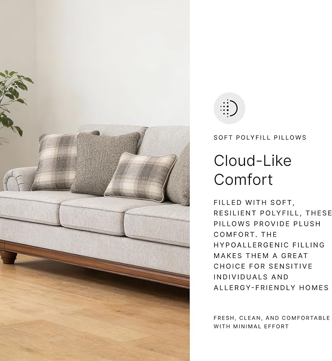 Signature Design by Ashley Meadowview Classic Upholstered Sofa with Reversible Seat Cushions 5 Accent Pillows and Rolled Armrest Light Gray