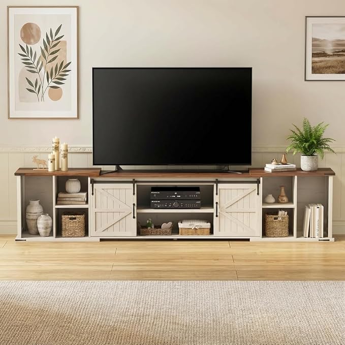 Extendable TV Stand Entertainment Center for 85 95 105 Inch TV Farmhouse TV Stand with Large Capacity Storage and Sliding Doors Media Console for Living Room Length 86-113 White