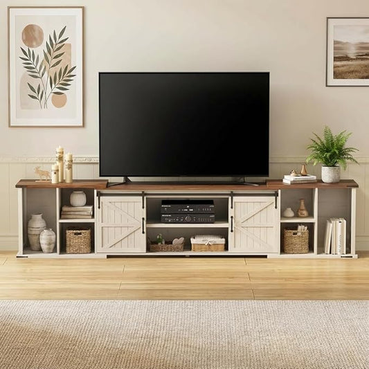 Extendable TV Stand Entertainment Center for 85 95 105 Inch TV Farmhouse TV Stand with Large Capacity Storage and Sliding Doors Media Console for Living Room Length 86-113 White